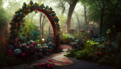 Magical fairytale garden with flower arch as fantasy illustration