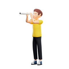 Raster illustration of man looking through a telescope. Young guy in a yellow tshirt looking in Spyglass, ships binoculars, zoom, increaze. 3d rendering artwork for business and advertising