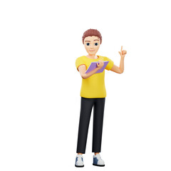 Raster illustration of man read book. Young guy in a yellow tshirt recites verses from a book with a raised index finger up. 3d rendering artwork for business and advertising