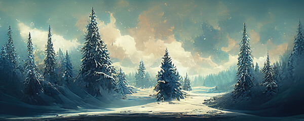 Fototapeta Winter landscape with snow and fir trees as christmas wallpaper obraz