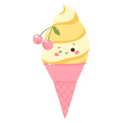 Cute character popsicles with cherries in cone. Cold dessert ice cream. Summer sweetness
