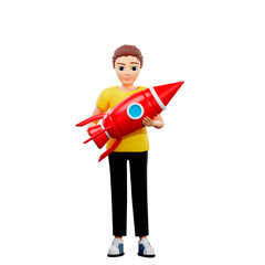 Raster illustration of man holding a rocket. Young guy in a yellow tshirt flies up on a spaceship, space, astronaut, astronomy. 3d rendering artwork for business and advertising