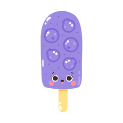 Cute character blueberry ice cream on a stick. Cold dessert. Summer sweetness