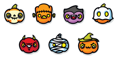 kawaii handdrawn pumpkin vector set of 7 icons. halloween decor, textile, cards, chart emoji, stickers. BONUS: Includes colorized, shadowed and linear versions separated by layers