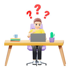 Raster illustration of man thinking of the computer with question marks. Young guy in a yellow tshirt sits at his desk, pokes his finger at a laptop, scratch on the back of the head. 3d rendering