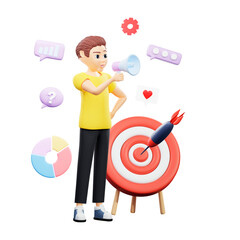 Raster illustration of man speaks into loudspeaker. Young guy in a yellow tshirt stands near the target with an arrow, social media buttons, speech bubble, marketing, target audience. 3d rendering