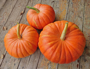 Three fresh pumpkins and autumn leaves on aged wooden table. Orange vegetables, new harvest. Haloween theme. High quality photo