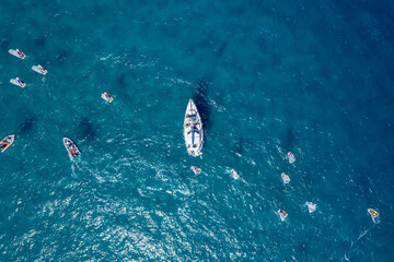 Sailing boat in the sea. Top view.
