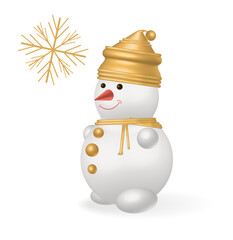 3d cute snowman. Illustration of a snowman in a golden scarf and hat. Vector image.