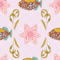 Fish, seaweed and sea star seamless pattern on pink textured background.