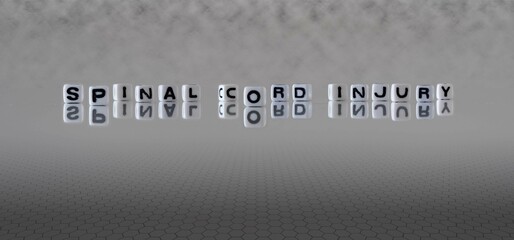 spinal cord injury word or concept represented by black and white letter cubes on a grey horizon background stretching to infinity
