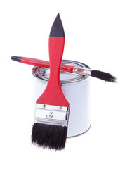 Generic white tin can with paint and flat brushes