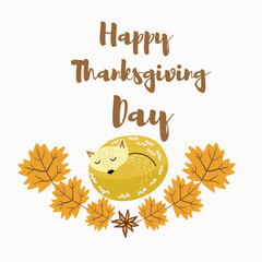 Vector illustration character cartoon cute fox sleeping, semicircular arrangement of maple leaves, leaf fall, autumn vibrations, autumn forest, tree, inscription Happy Thanksgiving Day.
