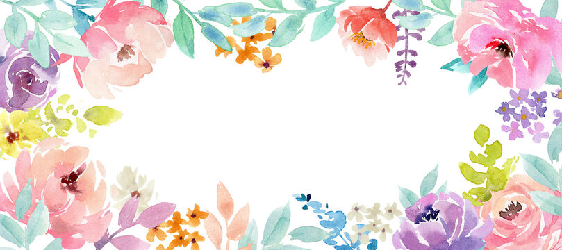 Watercolor horizontal banner with the bright rose flowers in Boho style. Watercolor Frame of the flowers border. Modern minimal poster, greeting card, header for website