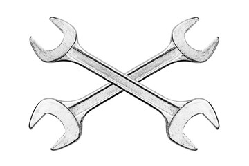 Two isolated crossed steel wrenches. PNG file with transparent background.