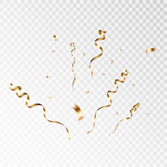 Confetti on a transparent background. Falling shiny golden confetti. Bright golden festive tinsel. Festive design elements for web banner, poster, flyer, invitation
