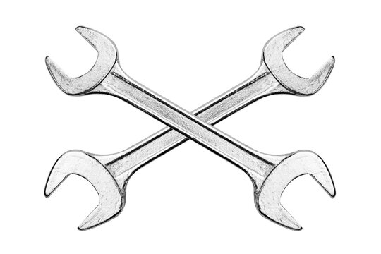 Two isolated crossed steel wrenches. PNG file with transparent background.