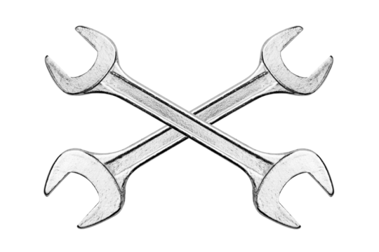 Two isolated crossed steel wrenches. PNG file with transparent background.