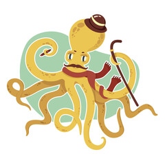 Cartoon style octopus character vector illustration. Octopus gentleman mascot.