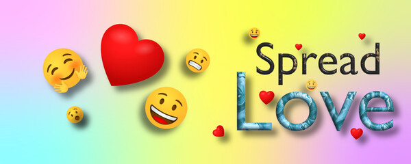 Spread love illustration with smiling emoji and heart symbols