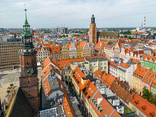 Naklejka na ściany i meble Wroclaw. Aerial View of Old Town of Wroclaw. Colorful Roofs of Historic Market Squere. Wroclaw, Poland. Europe. 
