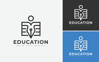 Minimal Education Logo Design Template. Academy Logo Vector For Graduation, Pen, Pencil, Book, And Human Iconic Concept