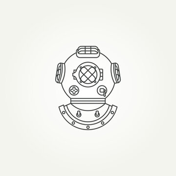 minimalist classic vintage diving helmet line art icon logo template vector illustration design. old underwater diving helmet icon logo concept