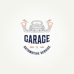 vintage retro car repair garage line art icon logo template vector illustration design. classic car truck with turbo engine restoration shop logo concept