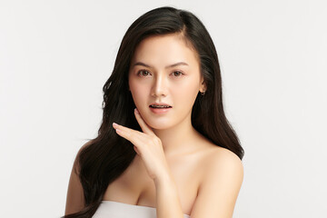 Fototapeta premium Beautiful young asian woman with clean fresh skin on white background, Face care, Facial treatment, Cosmetology, beauty and spa, Asian women portrait.