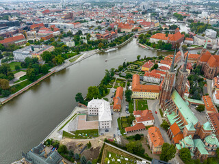 Wroclaw. Aerial View of Old City and Ostrow Tumski in Wroclaw. St. John the Baptist Cathedral. Wroclaw, Poland. 