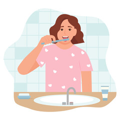 Woman brushes tongue with a toothbrush. Smiling mouth with tongue and healthy teeth. Oral hygiene and dental procedures concept. Cute vector illustration isolated on white background