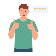 Happy man  leaves positive recommend feedback, rating stars, good reviews, comments or likes. Vector illustration