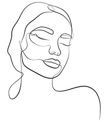 Female abstract face. Portrait. Drawing of a female face in a minimalist line style. Fashionable illustration for cosmetics. Continuous line Art. Fashionable minimal print.