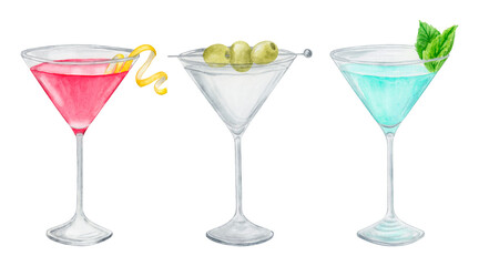 Alcohol cocktail collection. Watercolor illustration. Drinks clipart set on white background