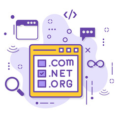 Top Level Domain or tld Registration Service Concept, dot com net org selection in browser window vector icon design, Cloud computing and Internet hosting service Symbol, webhosting sign