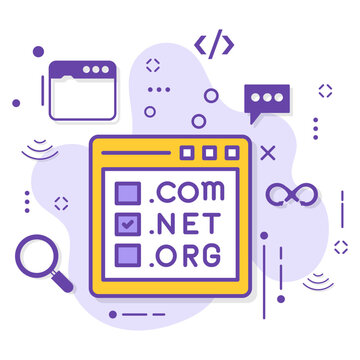 Top Level Domain or tld Registration Service Concept, dot com net org selection in browser window vector icon design, Cloud computing and Internet hosting service Symbol, webhosting sign