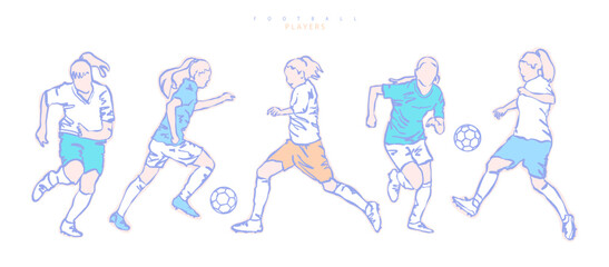 Women's football, vector collection of soccer girls. Hand drawn, sketches for sports design, ball.
