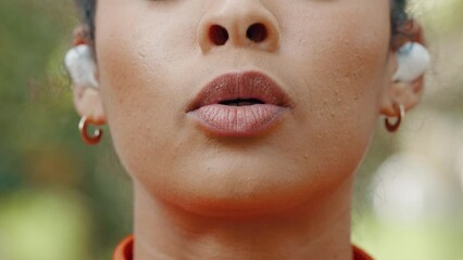 Breathing, meditation and podcast with woman for peace, calm and spiritual wellness. Motivation, breathe and fitness mindfulness with young female and zen exercise practice in outdoors nature park