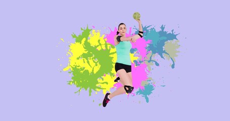 Caucasian female handball player throwing ball with colorful patterns against violet background