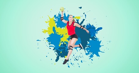 Fototapeta na wymiar Focused caucasian female player throwing handball, colorful abstract on turquoise background