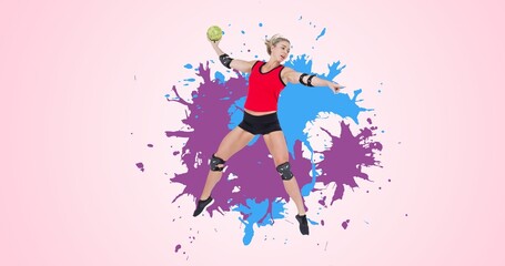 Digital composite image of caucasian female player throwing handball against pink background