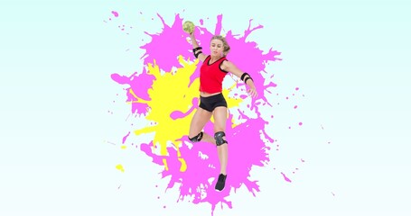 Obraz na płótnie Canvas Digital composite image of caucasian female handball player throwing ball with colorful abstract
