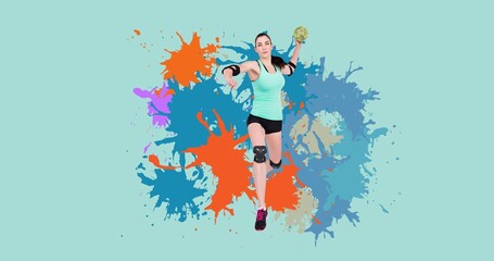 Caucasian female player throwing handball with colorful abstract patterns on blue background