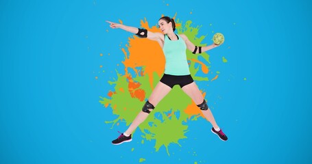 Caucasian female handball player with ball pointing away, colorful abstract on blue background