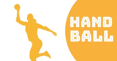 Illustration of orange silhouette female handball player throwing ball with handball text - Powered by Adobe