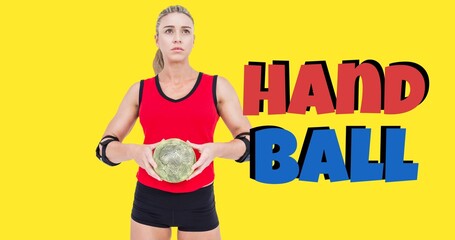 Female caucasian player looking away while holding ball with handball text on yellow background