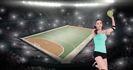 Digital composite image of female caucasian handball player throwing ball at illuminated stadium - Powered by Adobe