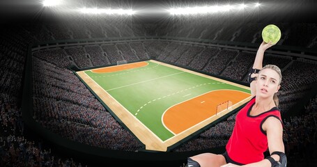 Digital composite image of caucasian female handball player throwing ball at illuminated stadium - Powered by Adobe