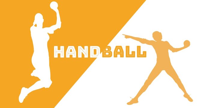Illustration of female players silhouette playing, handball text on orange and white background