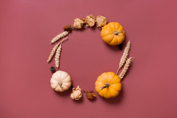 Obraz na płótnie Canvas Autumn flat lay wreath of pumpkin, leaves and flowers with berries top view with copy space